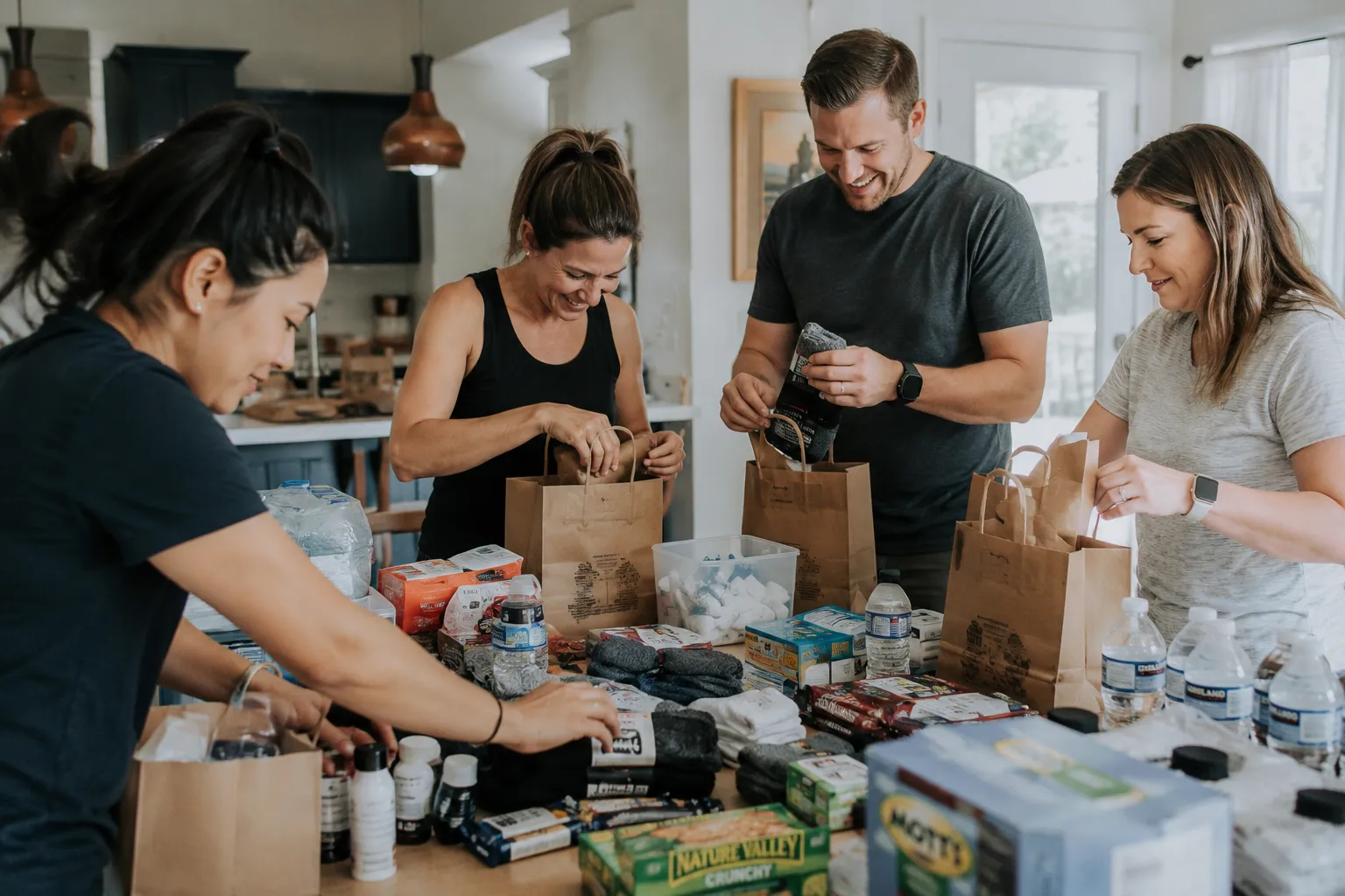 People assembling compassion kits together